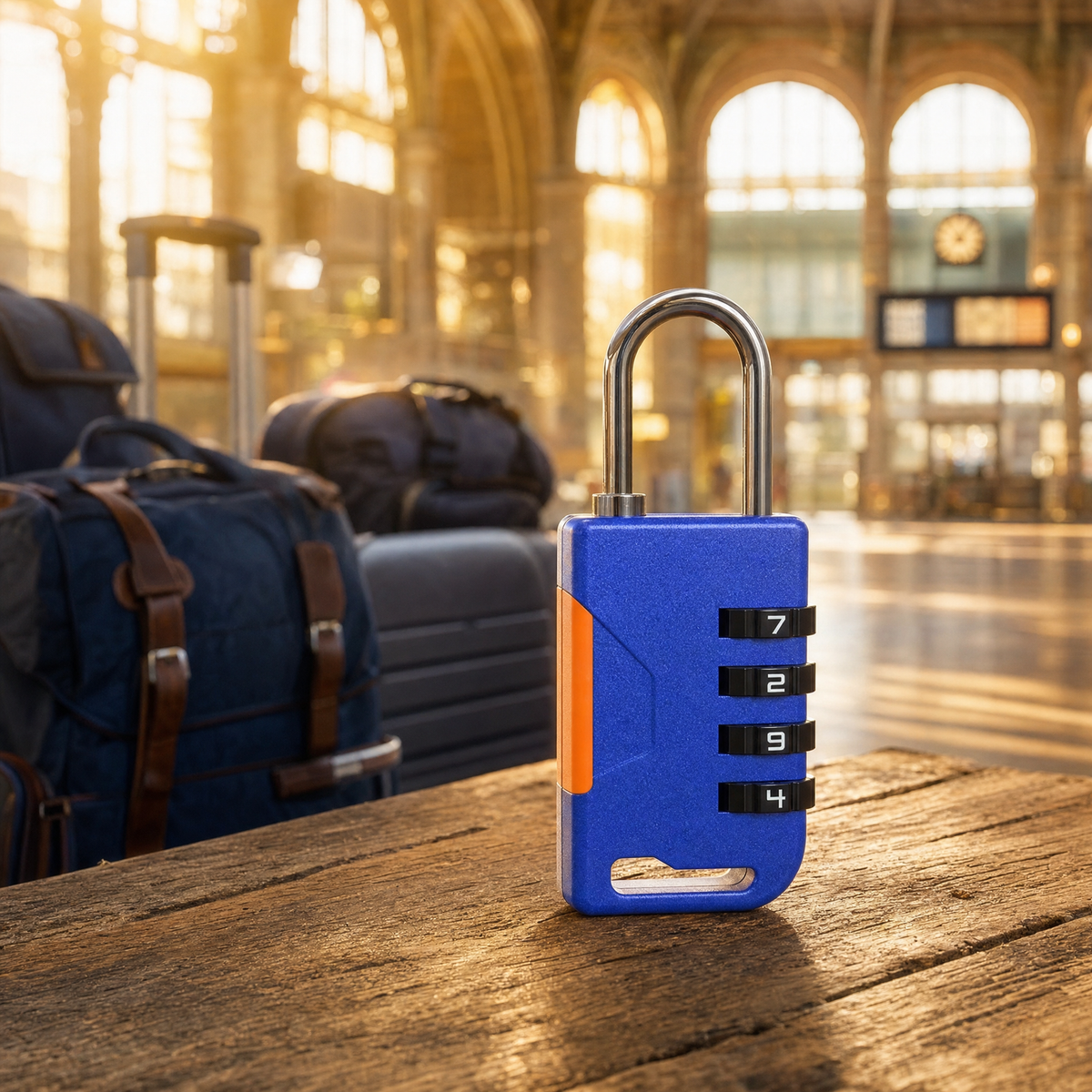 Cadenas TSA à combinaison posé sur une table en bois dans une gare, bagages en arrière-plan