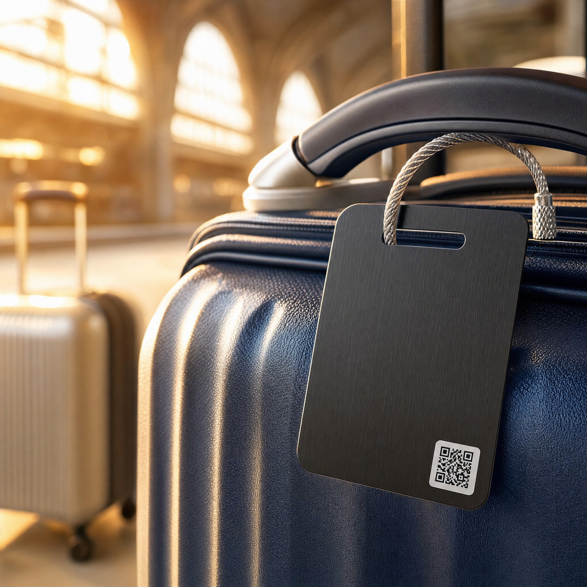 Étiquette de bagage connectée noire avec QR code, clipsée sur une valise dans une gare