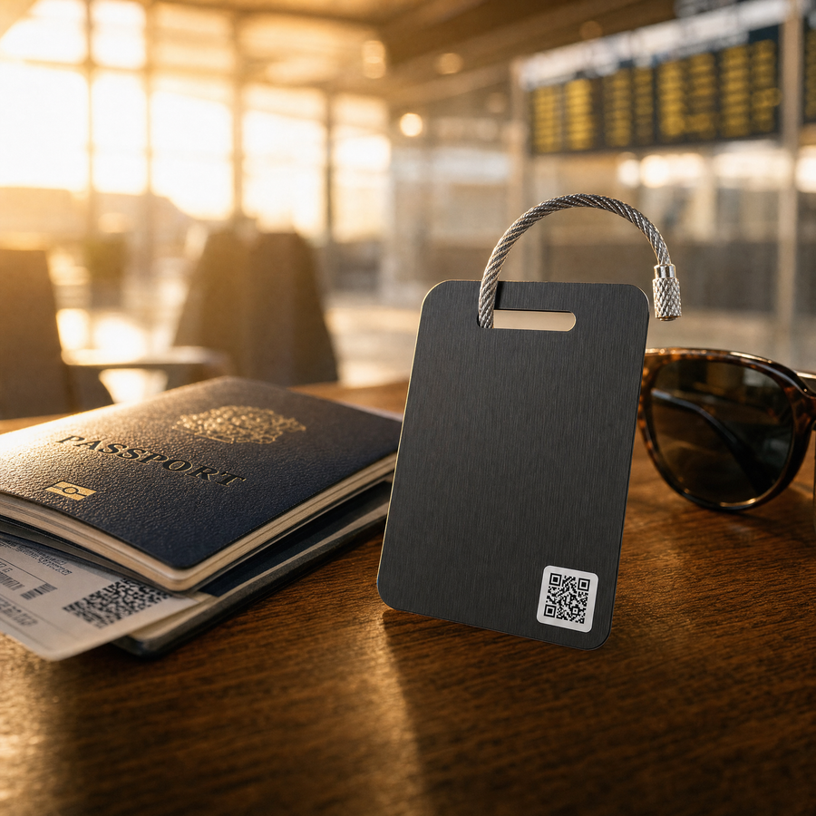 Étiquette de bagage connectée posée sur une table avec passeport et lunettes