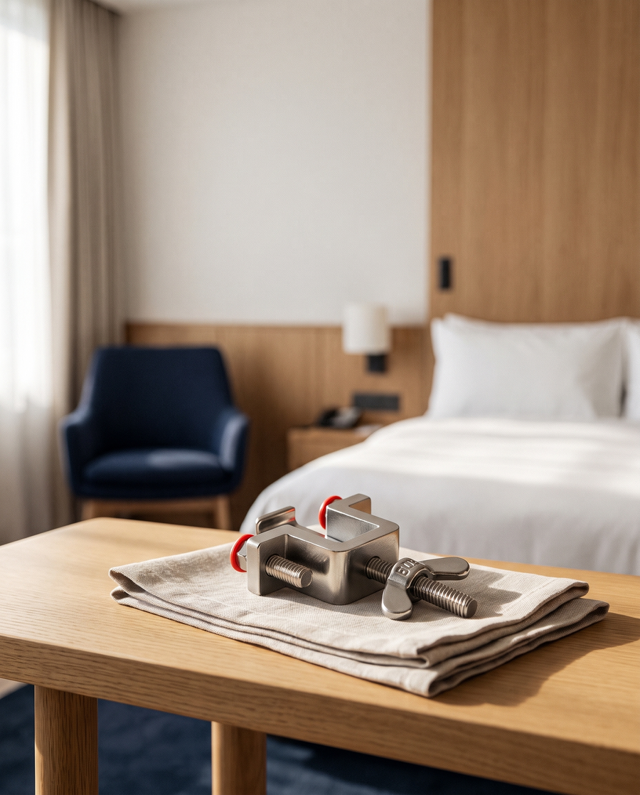 Verrou de porte portable en acier TravelShield posé sur une table en chêne dans une chambre d'hôtel