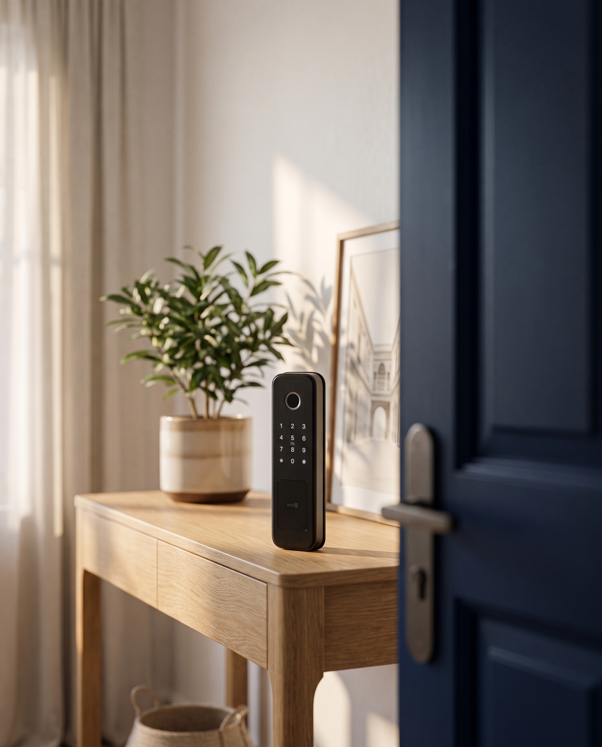 Serrure connectée à empreinte digitale TravelShield, posée sur une console en chêne à l'entrée d'un appartement