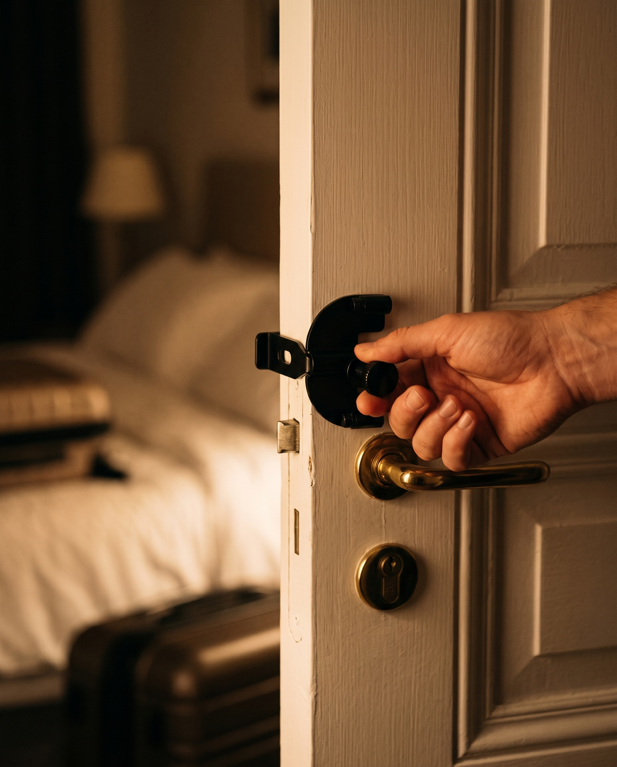 Pose du verrou premium autour du verrou d'une porte de chambre, le soir