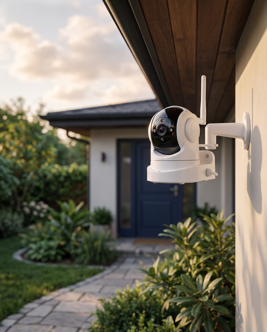 Caméra de surveillance WiFi 360° blanche TravelShield fixée sous l'avant-toit d'une maison