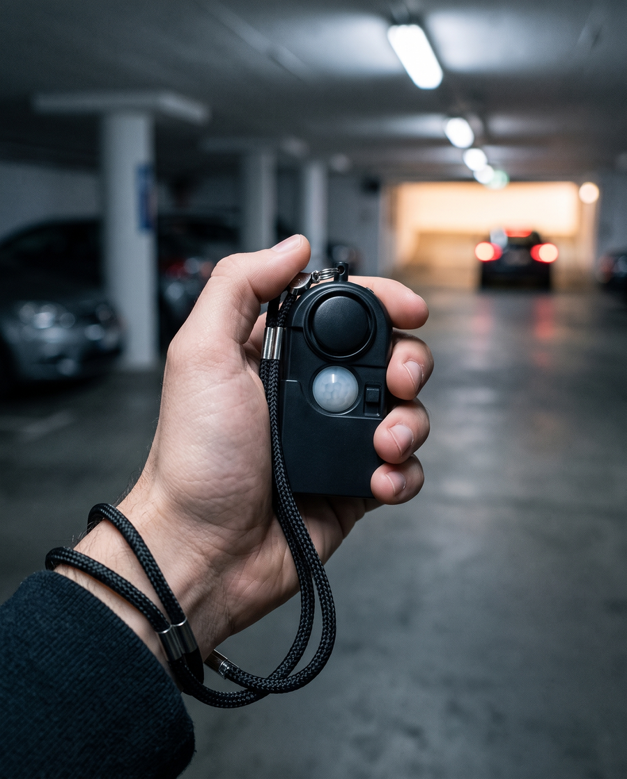 Mini alarme SOS tenue en main dans un parking, le soir