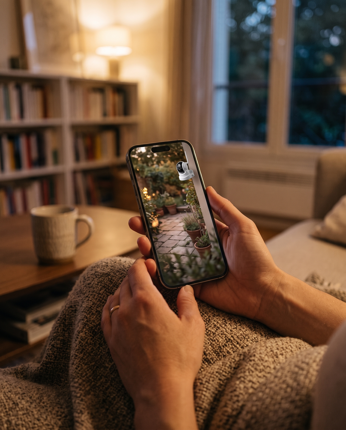 Vue en direct du jardin sur le téléphone depuis le canapé, le soir
