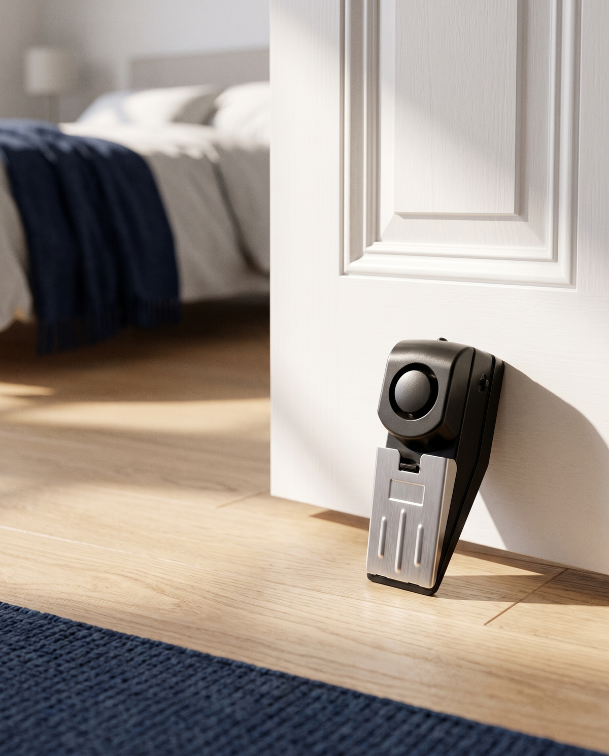 Butée de porte alarme TravelShield posée contre une porte dans une chambre calme