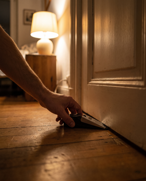 Main glissant une butée alarme sous une porte le soir