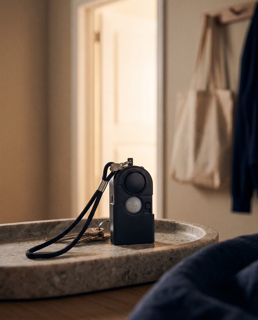 Mini alarme personnelle SOS noire TravelShield accrochée à des clés sur un vide-poche