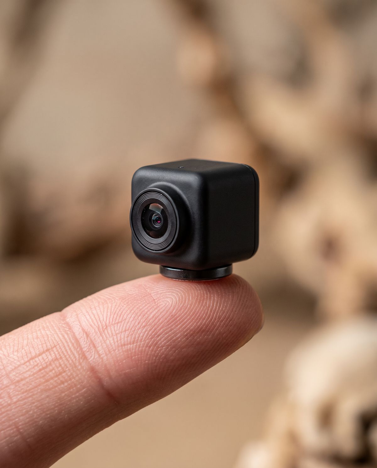 Mini caméra WiFi tenue sur le bout du doigt, montrant sa très petite taille