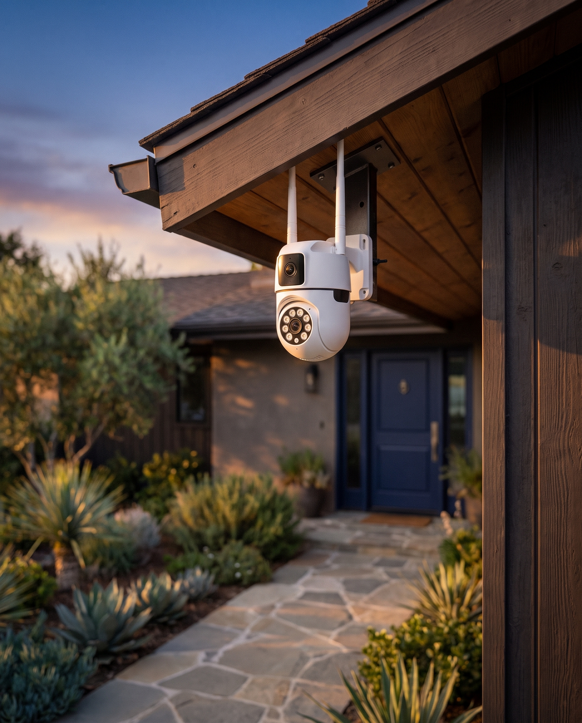 Caméra WiFi double objectif blanche TravelShield fixée sous l'avant-toit d'une maison