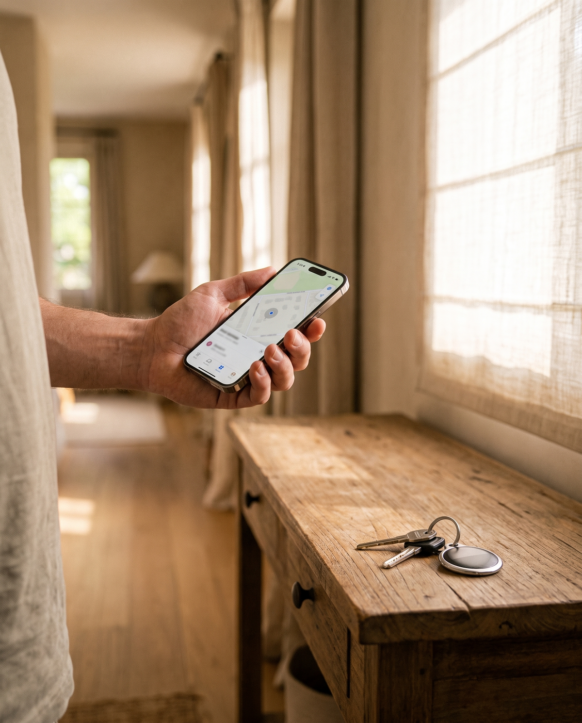 Localisation des clés sur l'iPhone via le réseau Localiser, le traceur posé à côté