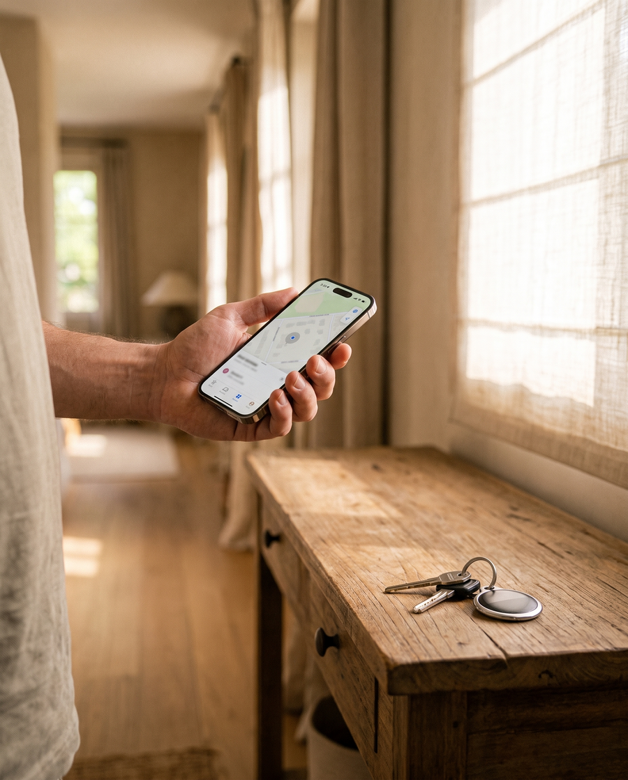 Localisation des clés sur l'iPhone via le réseau Localiser, le traceur posé à côté
