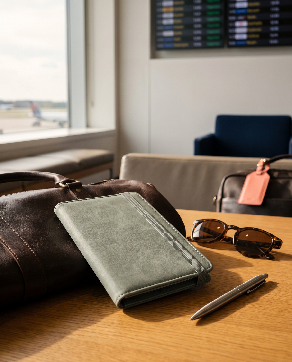 Porte-passeport anti-RFID posé sur un sac de voyage en cuir, lunettes de soleil et stylo, ambiance salon d'aéroport