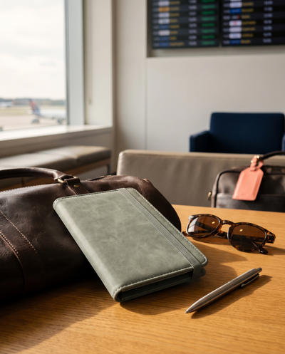 Porte-passeport anti-RFID posé sur un sac de voyage en cuir, lunettes de soleil et stylo, ambiance salon d'aéroport