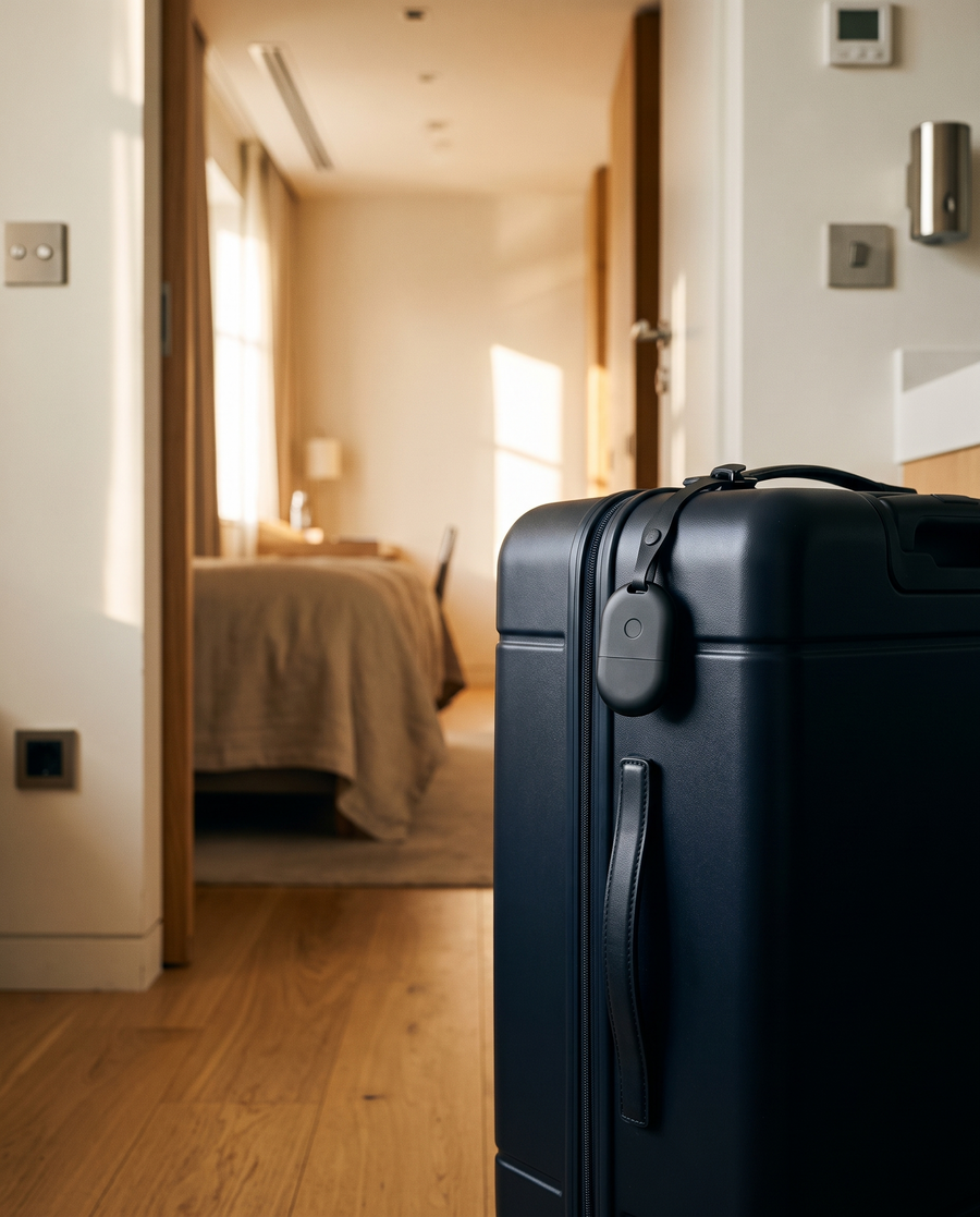 Traceur Bluetooth clipsé sur la poignée d'une valise navy dans l'entrée d'une chambre d'hôtel