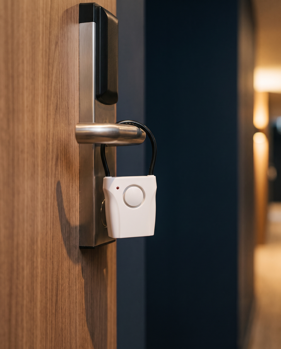 Alarme de poignée de porte 120 dB suspendue à la poignée d'une porte de chambre d'hôtel