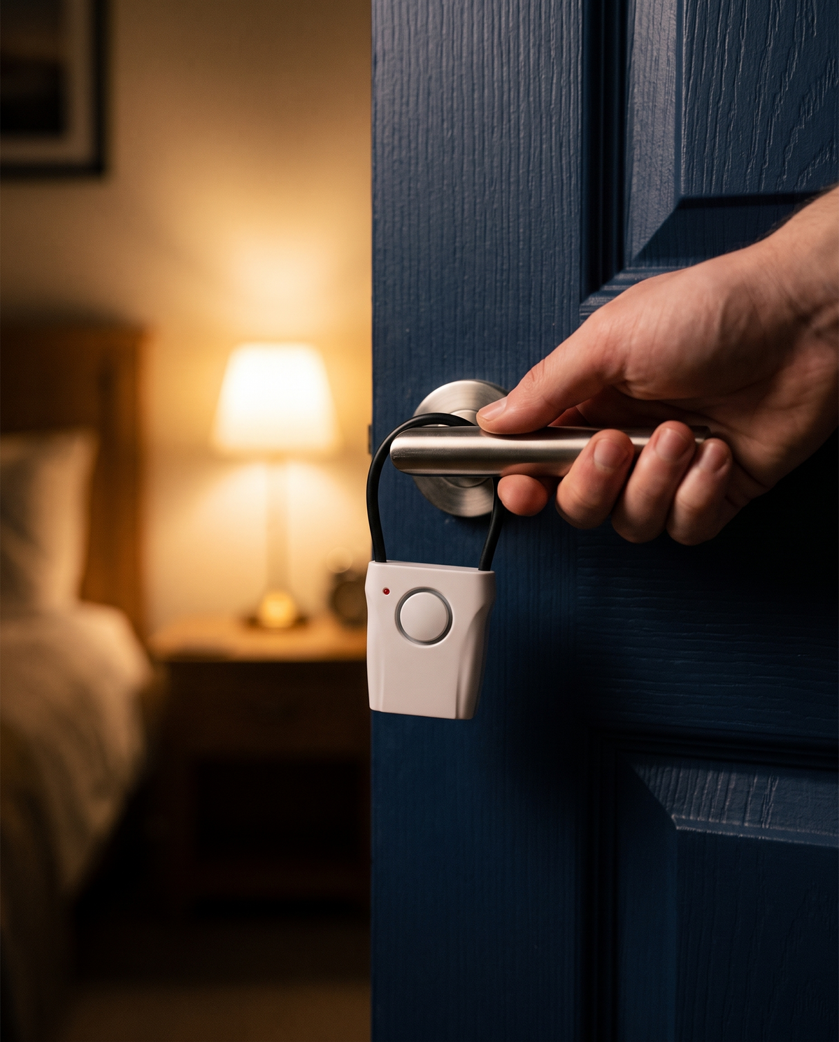 Main installant l'alarme de poignée sur une porte de chambre le soir