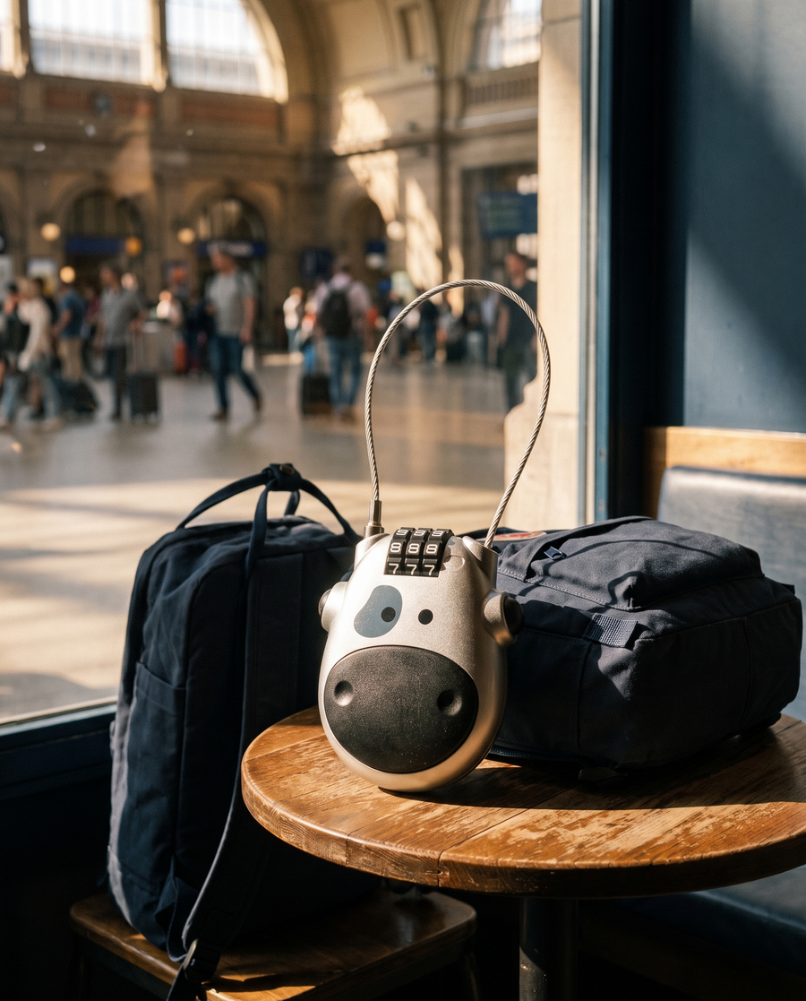 Cadenas à câble antivol pour bagages posé sur une table de café de gare à côté d'un sac à dos navy