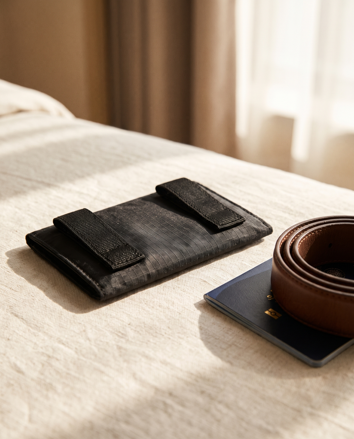 Pochette de voyage anti-RFID en nylon noir avec passants de ceinture, posée avec un passeport et une ceinture