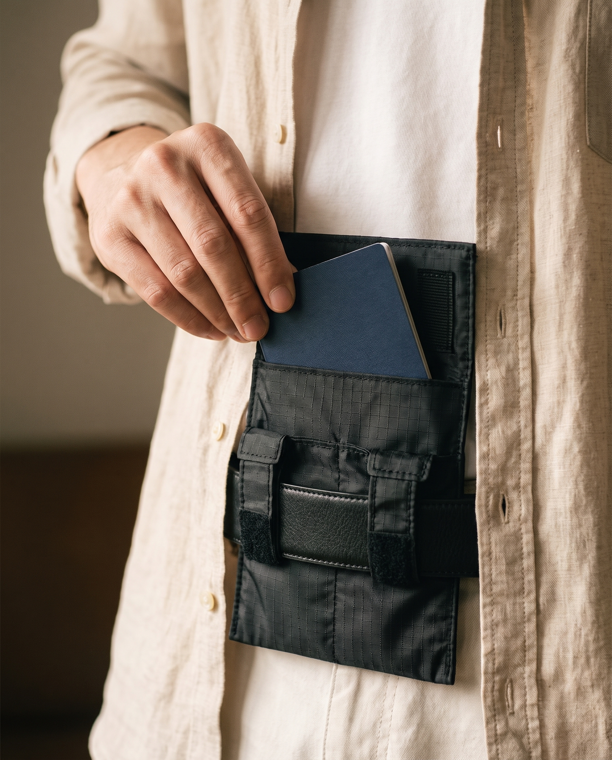 Main glissant un passeport dans la pochette portée à la ceinture sous une chemise