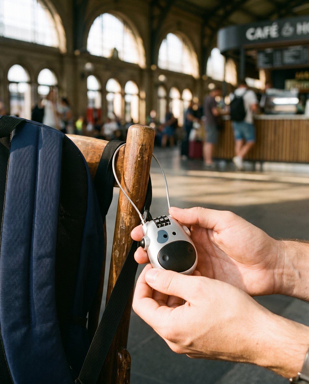 Mains passant le câble antivol dans la sangle d'un sac à dos et autour d'un pied de chaise
