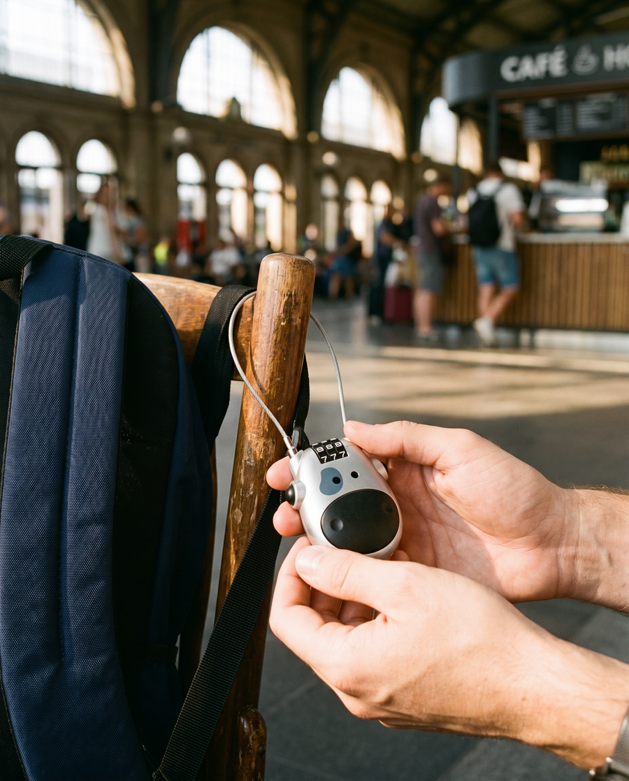 Mains passant le câble antivol dans la sangle d'un sac à dos et autour d'un pied de chaise