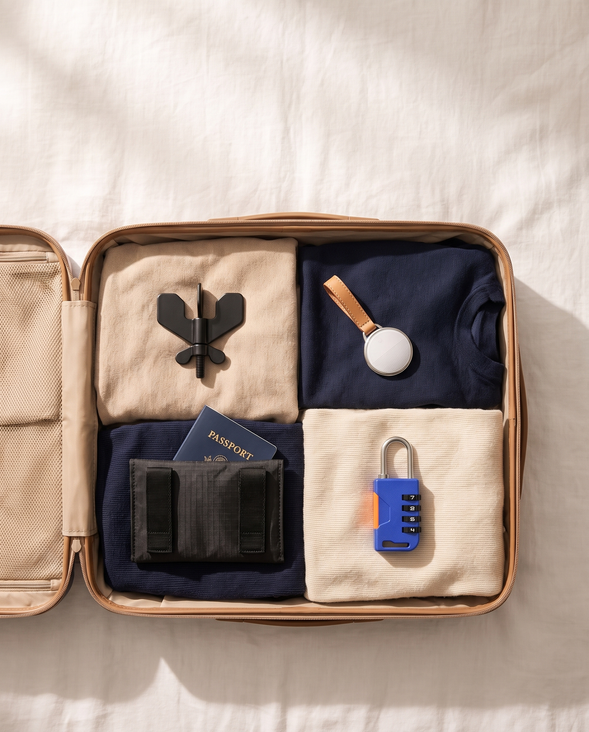 Kit Voyage Solo TravelShield : loquet, traceur, pochette anti-RFID et cadenas TSA dans une valise