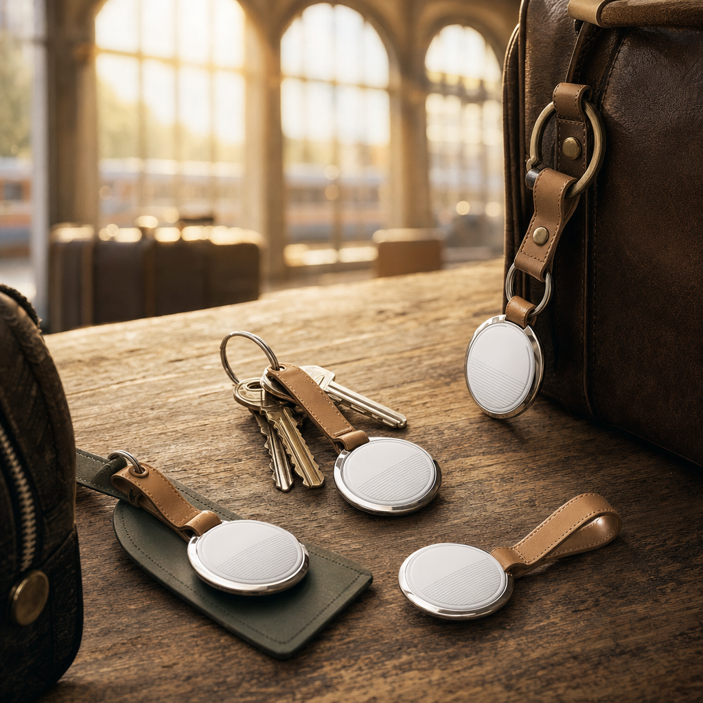 Pack de 4 Traceurs Bluetooth, fixés sur des clés, un sac et des bagages