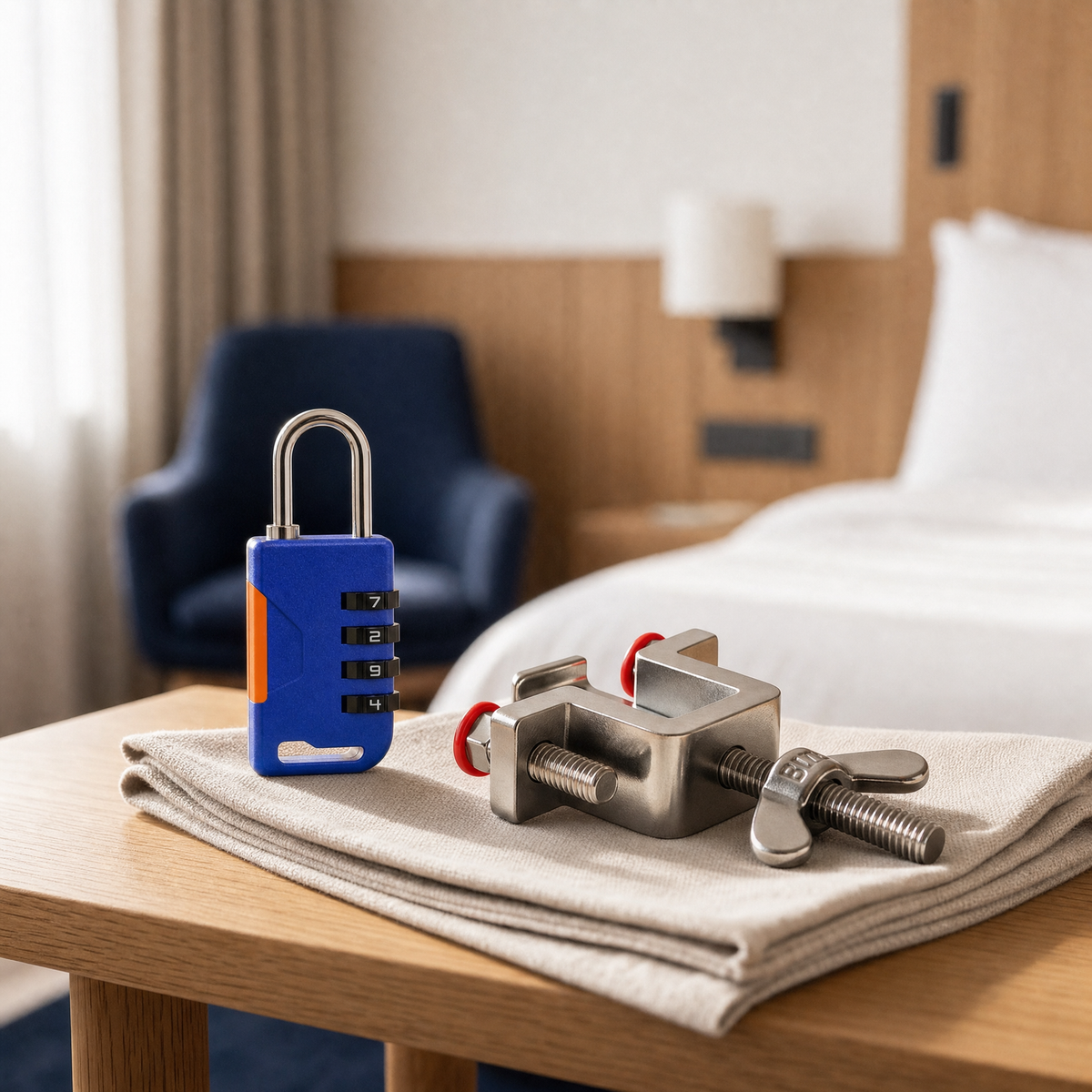 Pack Essentiel Voyage : cadenas TSA à combinaison et verrou de porte portable, posés ensemble dans une chambre d'hôtel